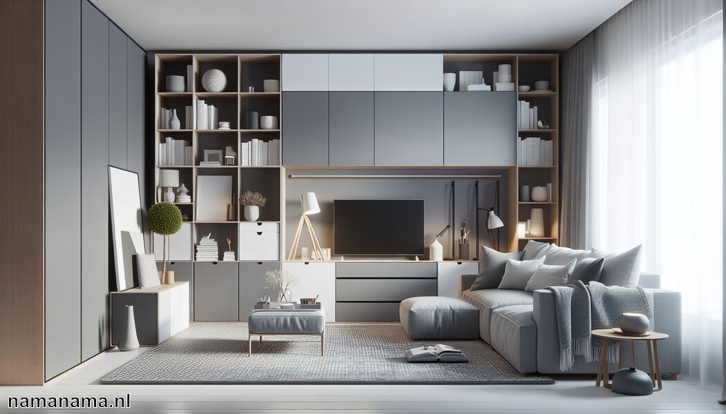 Functionele opbergruimtes voor een opgeruimde uitstraling - Moderne woonkamer in grijs en wit » Grijs en wit moderne woonkamer