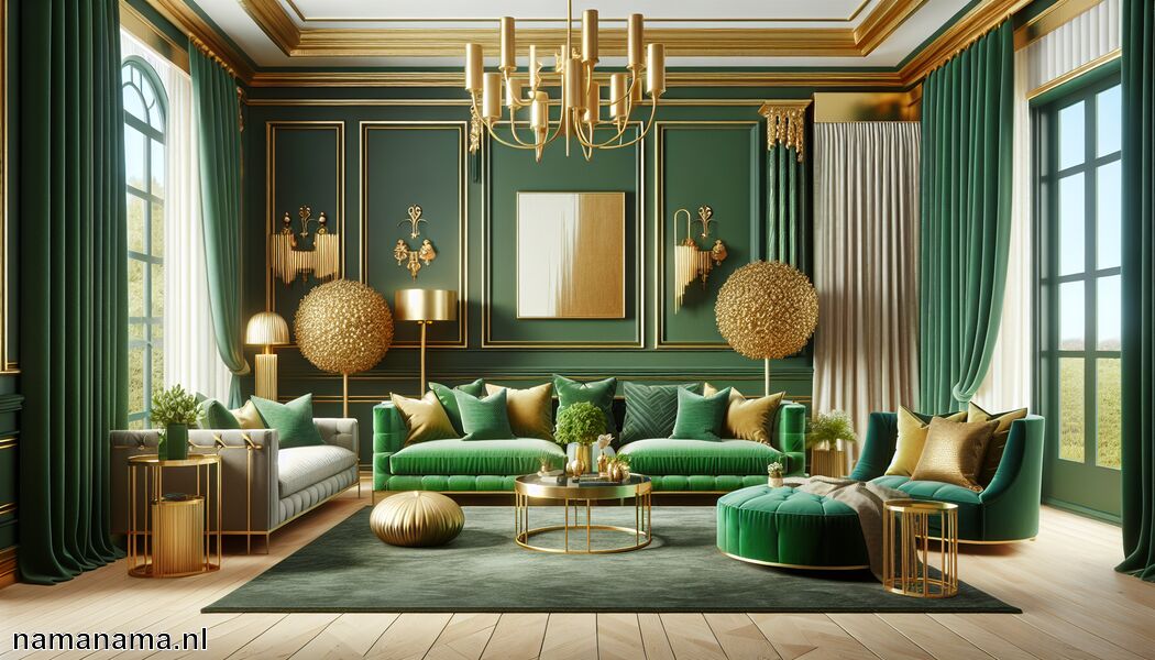 Texturen creëren diepte en interesse   - Woonkamer in groen en goud » Groene en gouden woonkamer  