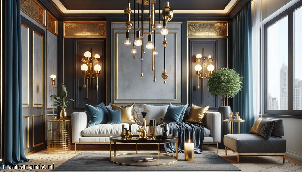 Verlichting met gouden details gebruiken   - Woonkamer in petrol en goud » Woonkamer in petrol en goud  