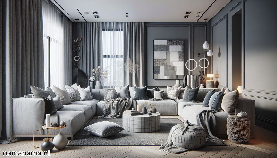 Speelse texturen met kussens en plaids - Moderne woonkamer in grijs en wit » Grijs en wit moderne woonkamer