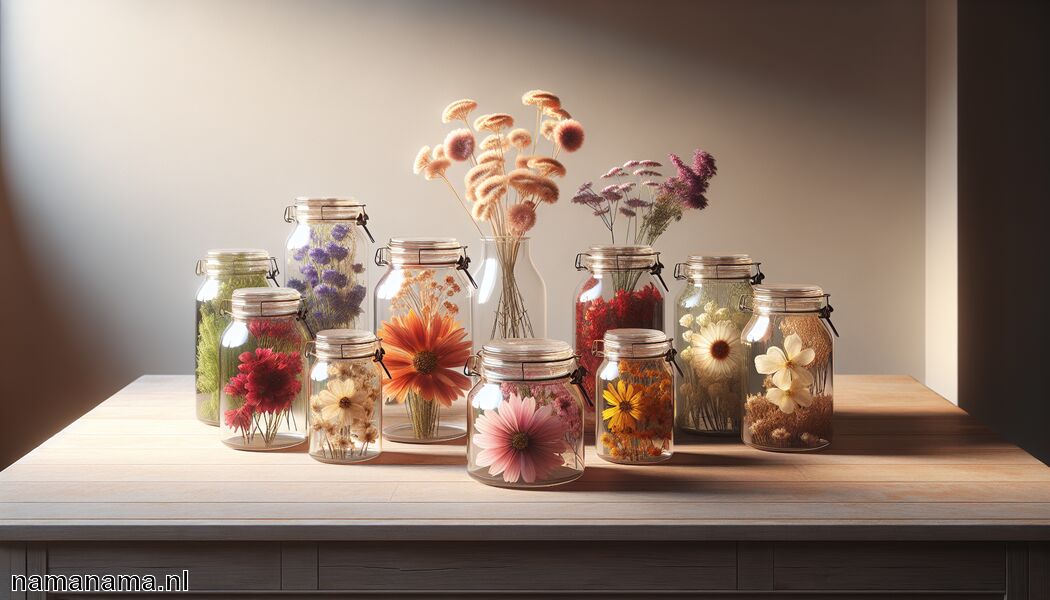 Maak gebruik van doorzichtige opbergpotten   - Geperste bloemen bewaren » Bloemen bewaren in stijl  