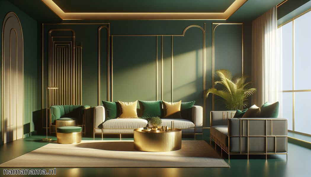 Verlichting accentueert groene en gouden elementen   - Woonkamer in groen en goud » Groene en gouden woonkamer  