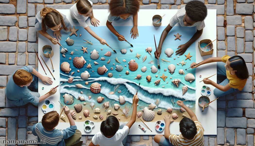 Voeg speelse elementen zoals schelpen toe   - De zee schilderen met kinderen » Zee schilderen met kinderen  