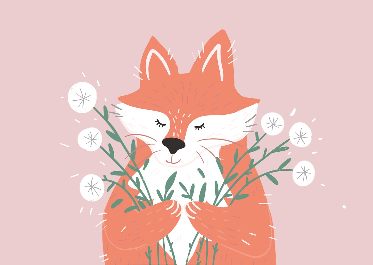 fox, animal, flowers, nature, cartoon, design, red fox, wildlife, cute, print, funny, wild, card, style, background, art, isolated