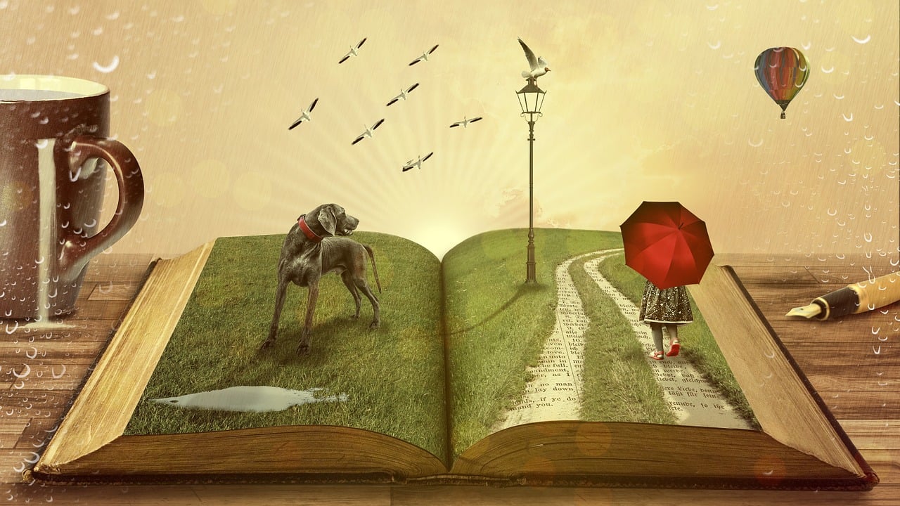 book, dog, fairy tales, child, animal, kid, pet, umbrella, street lamp, trail, path, book pages, literature, pages, story, dream, fantasy