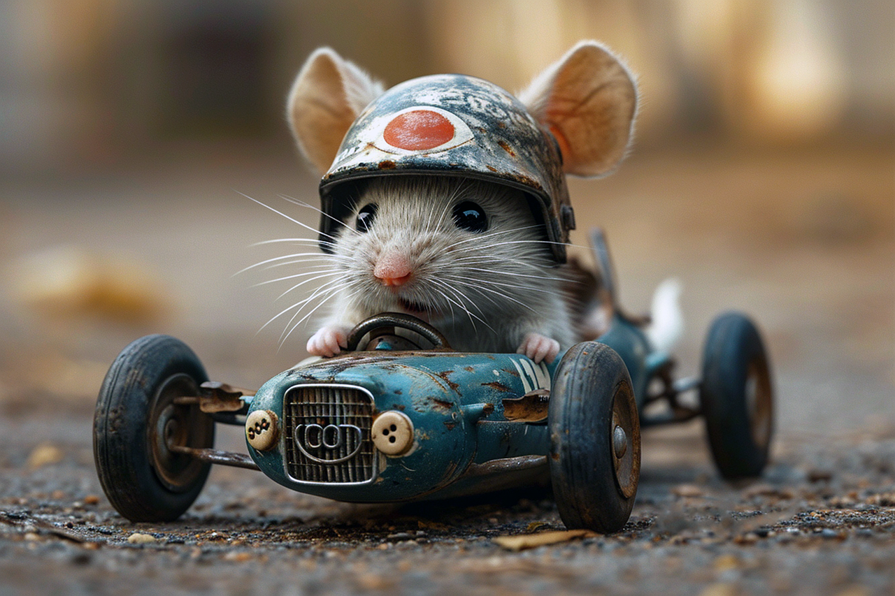 ai generated, mouse, racing car, car, helmet, cute, humor, car, car, car, car, car